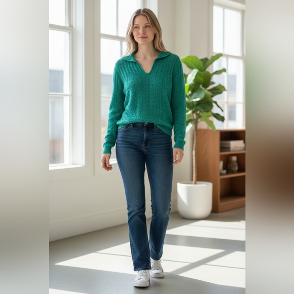 R&k knits Denim - Vintage R&K Knits Teal Open Knit Sweater Top Size 16 Boho